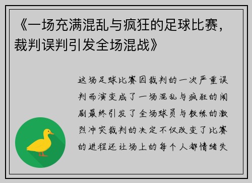 《一场充满混乱与疯狂的足球比赛，裁判误判引发全场混战》