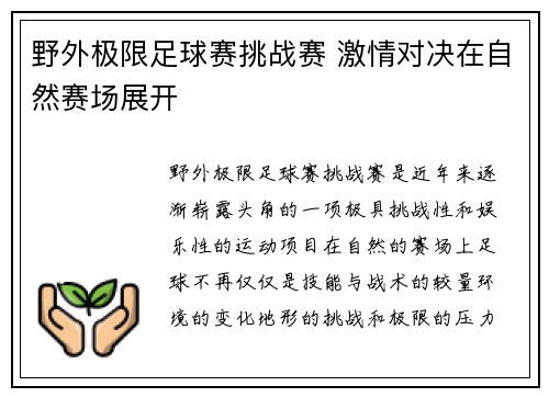 野外极限足球赛挑战赛 激情对决在自然赛场展开