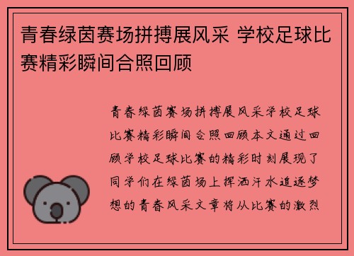 青春绿茵赛场拼搏展风采 学校足球比赛精彩瞬间合照回顾