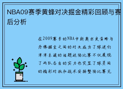 NBA09赛季黄蜂对决掘金精彩回顾与赛后分析