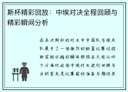 斯杯精彩回放：中埃对决全程回顾与精彩瞬间分析