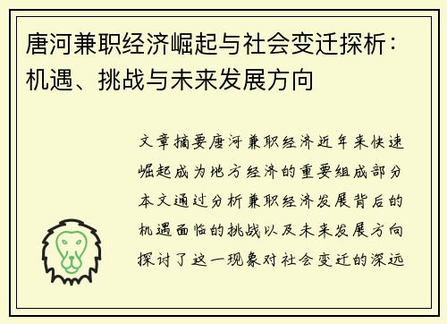唐河兼职经济崛起与社会变迁探析：机遇、挑战与未来发展方向