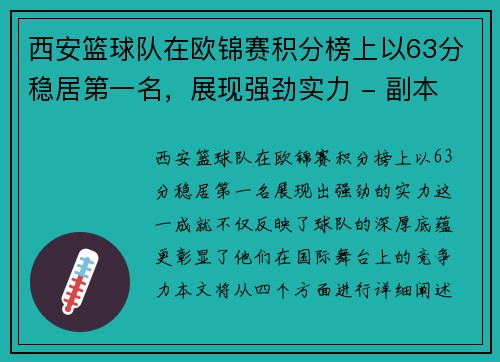 西安篮球队在欧锦赛积分榜上以63分稳居第一名，展现强劲实力 - 副本
